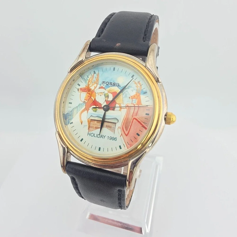 Vtg 1996 FOSSIL Watch Limited Edition Holiday Christmas Santa Black Leather 8